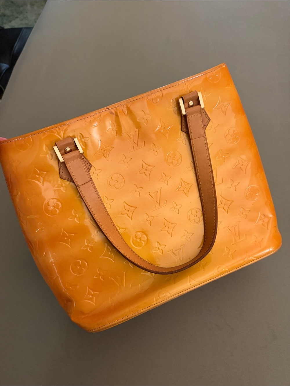 Louis Vuitton Orange Vernis Embossed Tote with Tan Handles